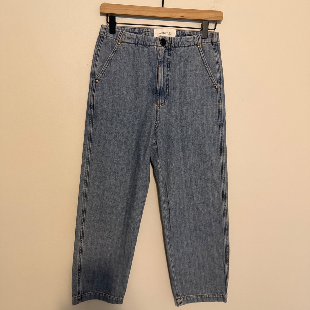 The Great wide leg jeans 24 cotton cinch waist striped utility casual minimalist
